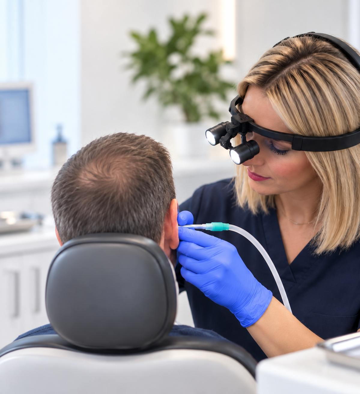 Ear care professional carrying out microsuction treatment